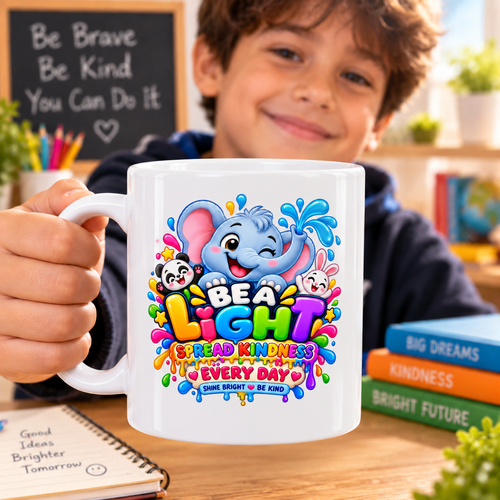 A child holding a white ceramic mug with a colorful cartoon elephant and the text 'BE A LIGHT' and 'SPREAD KINDNESS EVERY DAY' in a classroom-like setting.