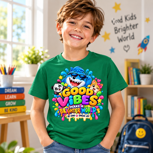 A smiling young boy wearing a bright green graphic t-shirt with a colorful cartoon design and the text 'GOOD VIBES MAKE BRIGHTER WORLDS'. The background is a brightly lit, cozy child's room with bookshelves, a blue backpack, and wall decorations.