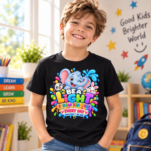 A smiling young boy wearing a black graphic t-shirt in a bright, colorful classroom setting. The t-shirt features a vibrant cartoon elephant, panda, rabbit, and colorful text that reads 'BE A LIGHT AND KIND EVERY DAY'.