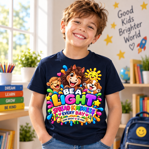 A smiling young boy wearing a navy blue graphic t-shirt with colorful cartoon characters and the text 'BE A LIGHT Spread Kindness EVERY DAY'. The background is a bright, cozy classroom or library setting with bookshelves, plants, and a backpack.