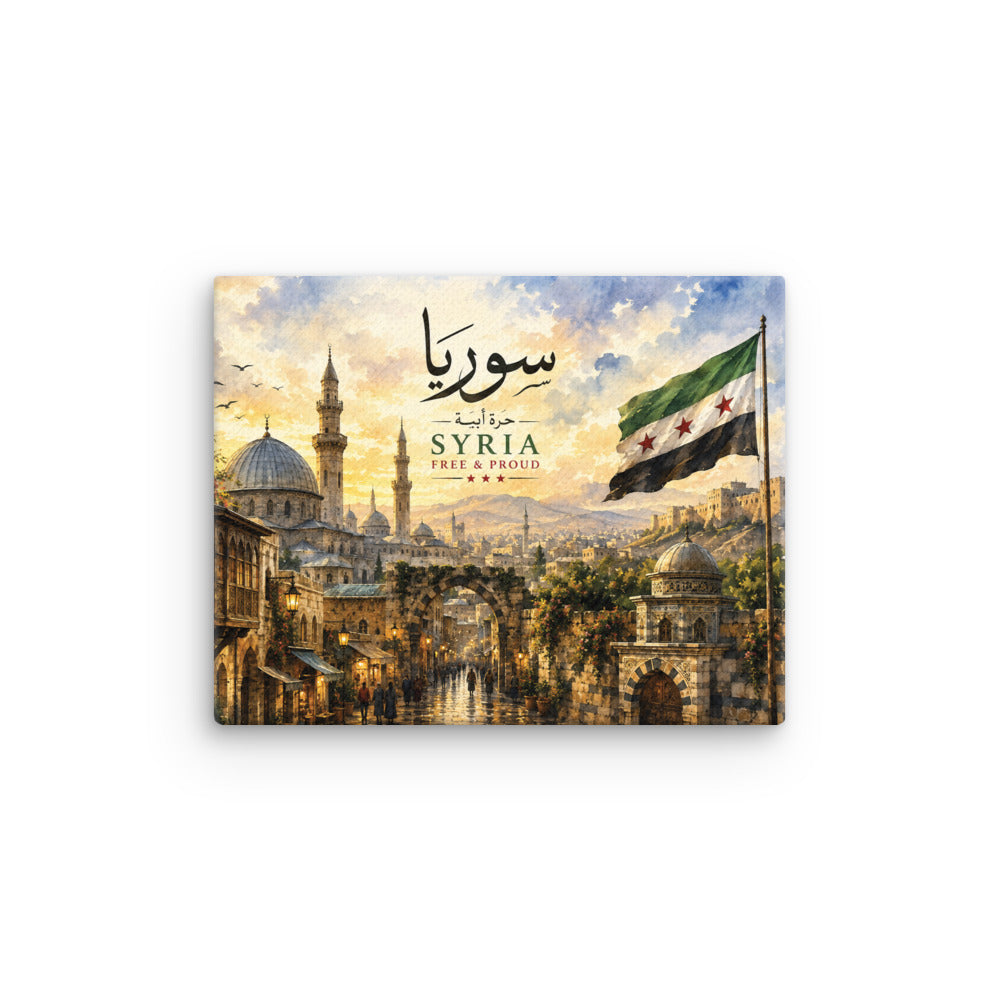 Gallery-wrapped canvas print featuring a vintage-inspired Syria artwork with Arabic calligraphy, historic architecture, scenic cityscape, and the Syrian flag.