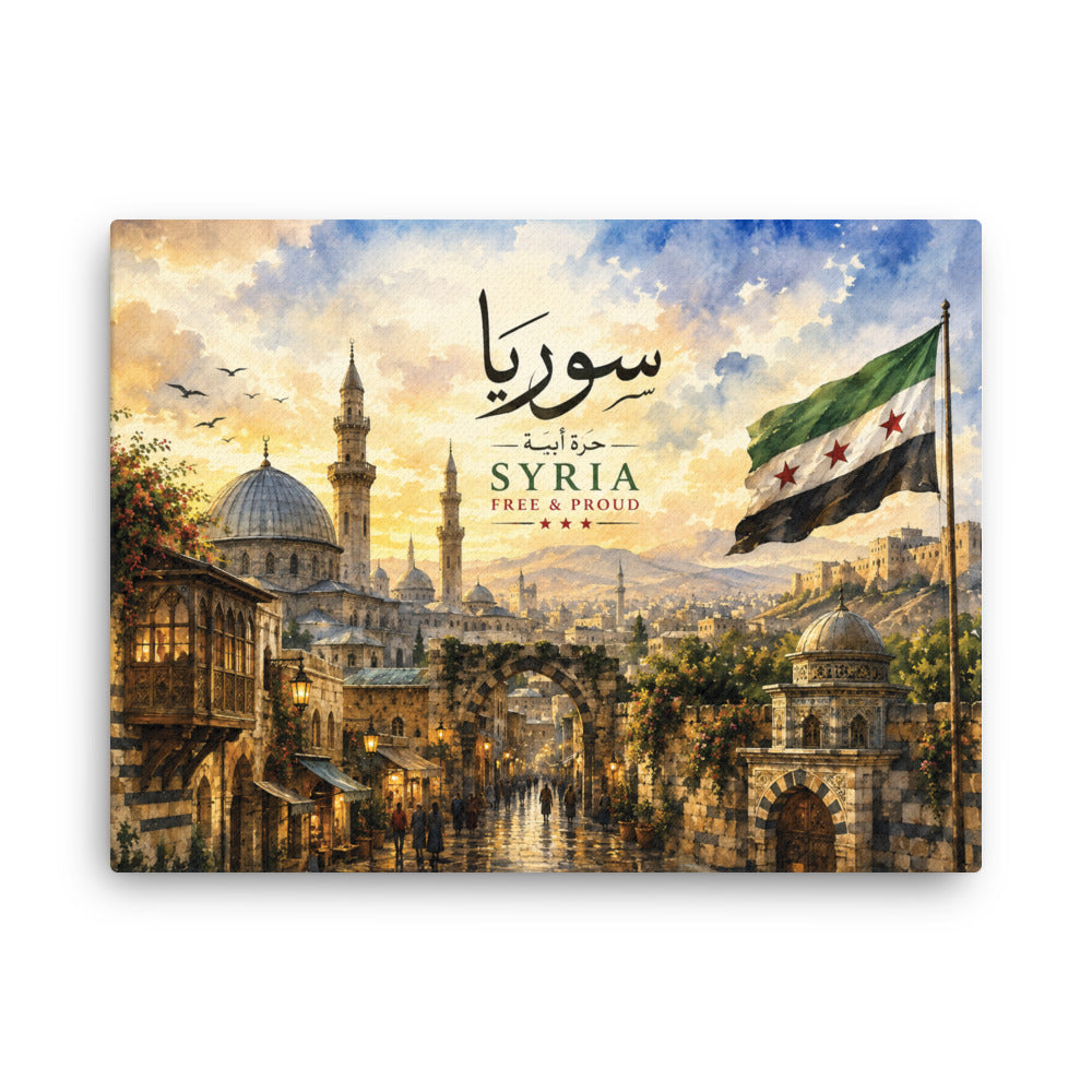 Gallery-wrapped canvas print featuring a vintage-inspired Syria artwork with Arabic calligraphy, historic architecture, scenic cityscape, and the Syrian flag.