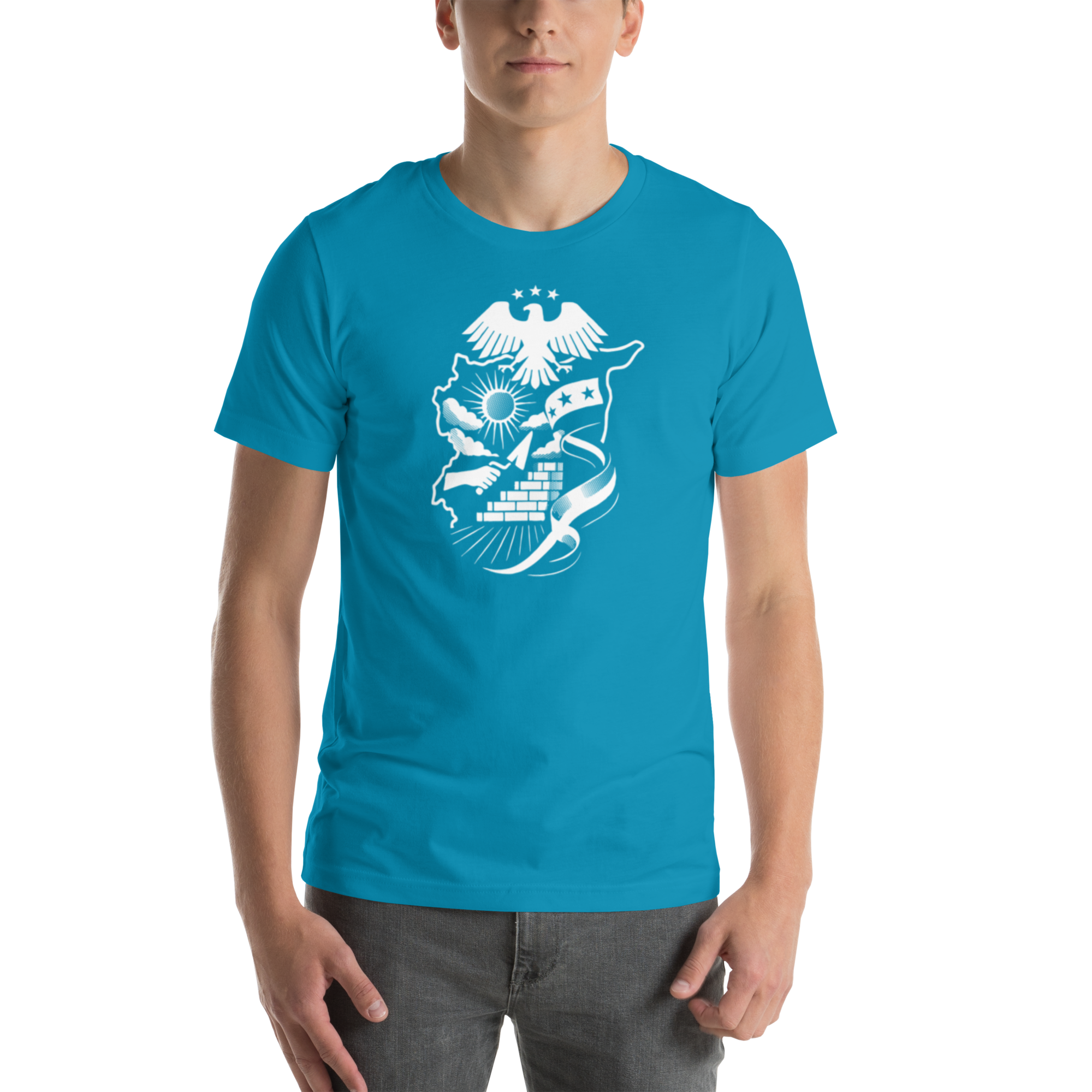 Mockup of a unisex graphic T-shirt featuring a detailed monochrome Syria-inspired patriotic illustration with an eagle and map design.