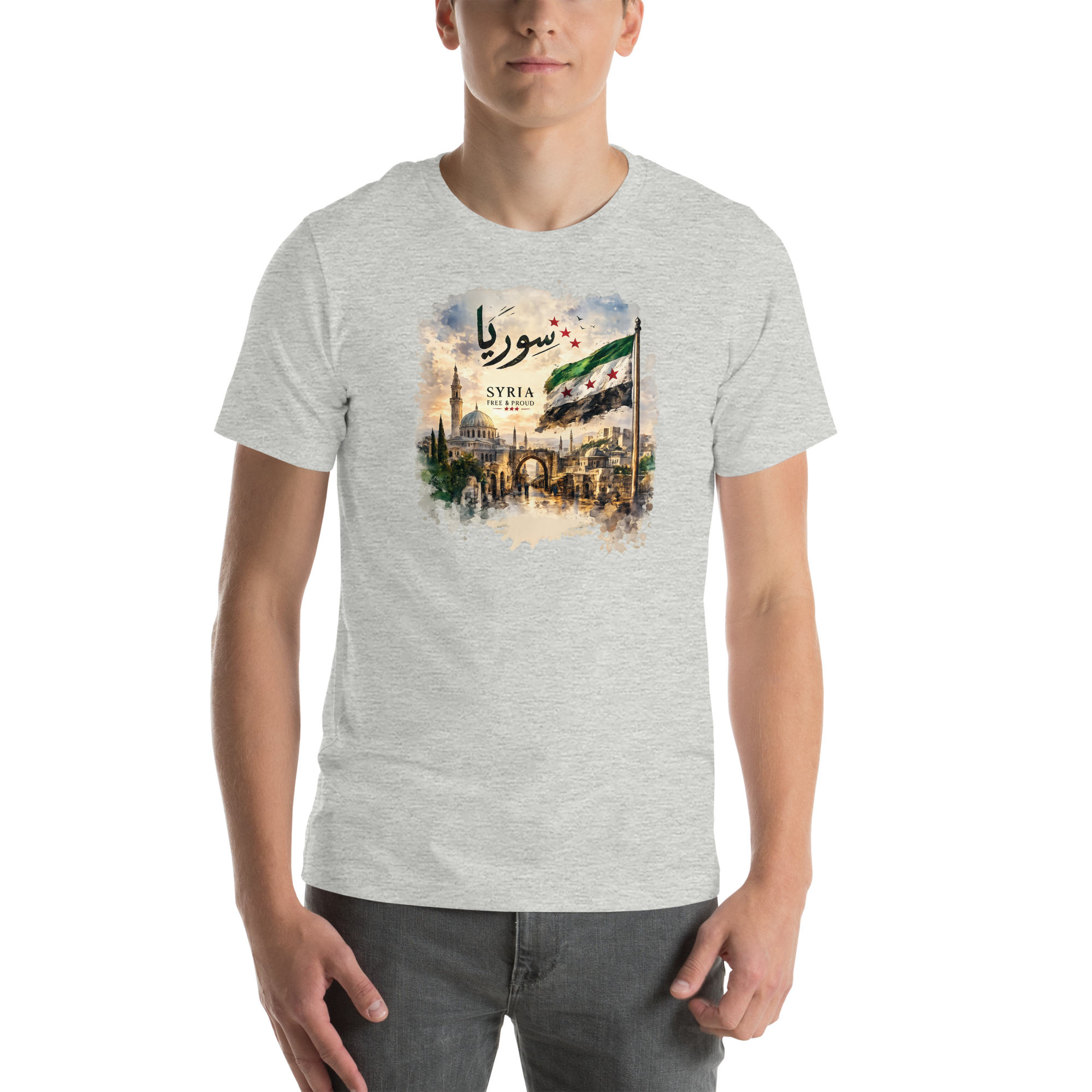 Mockup of a unisex graphic T-shirt featuring a vintage-style Syria-inspired artwork with Arabic calligraphy, historic architecture, scenic landscape, and the Syrian flag.