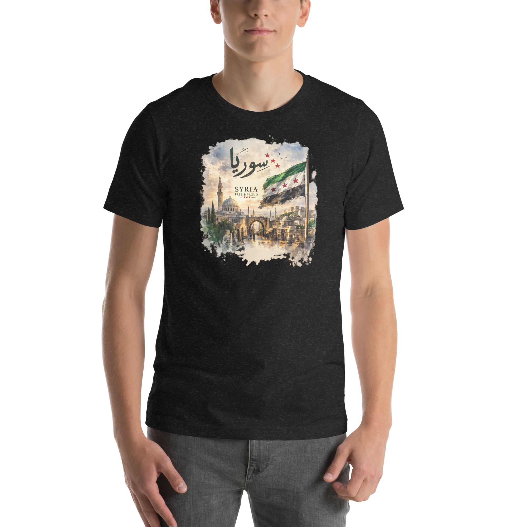 Mockup of a unisex graphic T-shirt featuring a vintage-style Syria-inspired artwork with Arabic calligraphy, historic architecture, scenic landscape, and the Syrian flag.