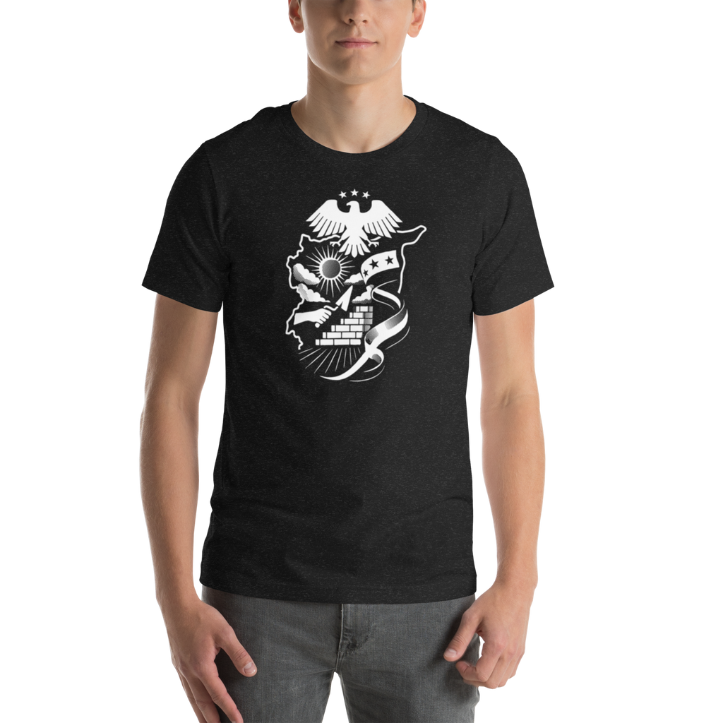 Mockup of a unisex graphic T-shirt featuring a detailed monochrome Syria-inspired patriotic illustration with an eagle and map design.