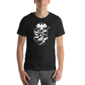 Mockup of a unisex graphic T-shirt featuring a detailed monochrome Syria-inspired patriotic illustration with an eagle and map design.
