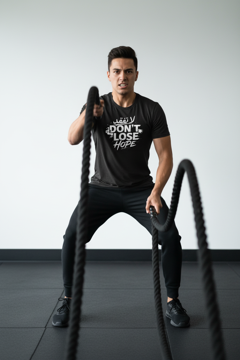 Young man exercising with battle ropes in a gym wearing a black "Don't Lose Hope" graphic T-shirt with Arabic and English typography.