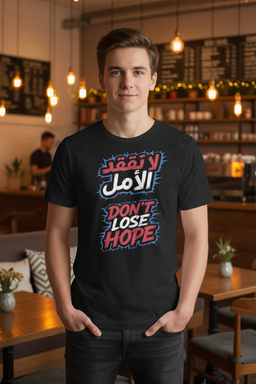 A young man stands in a cafe wearing a black t-shirt with a bold graphic print in Arabic and English that reads 'Don't Lose Hope' in red, white, and blue. The background shows a warm, softly blurred coffee shop interior with wooden tables, hanging light bulbs, and shelves.