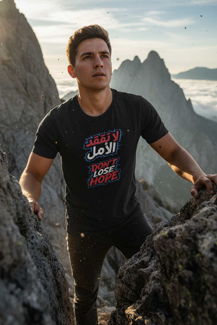 Young man climbing a mountain wearing a black "Don't Lose Hope" graphic t-shirt with Arabic and English typography. Cinematic outdoor adventure scene with dramatic rocky landscape.