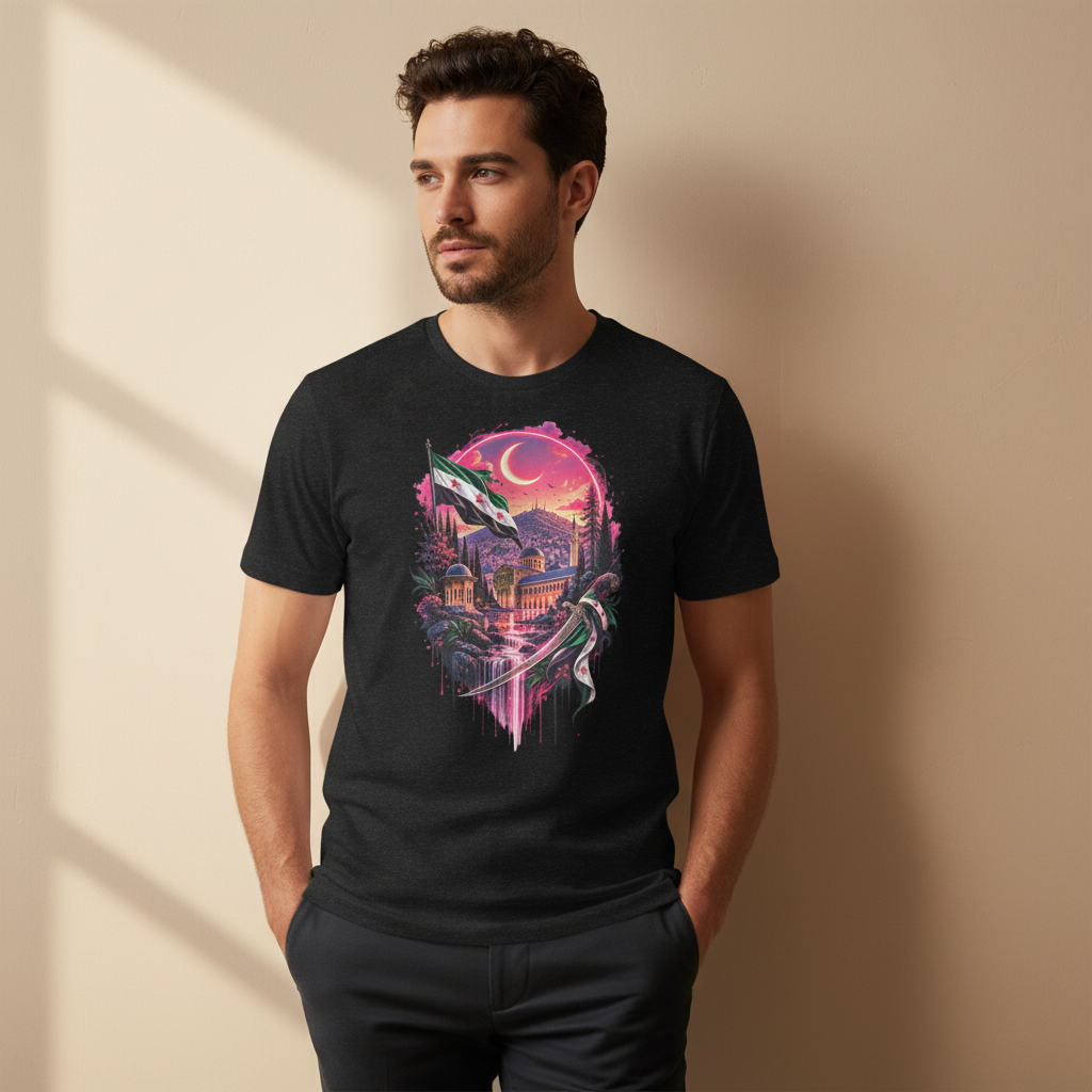 Damascus Syria T-Shirt | Syrian Flag, Umayyad Mosque & Damascus Sword