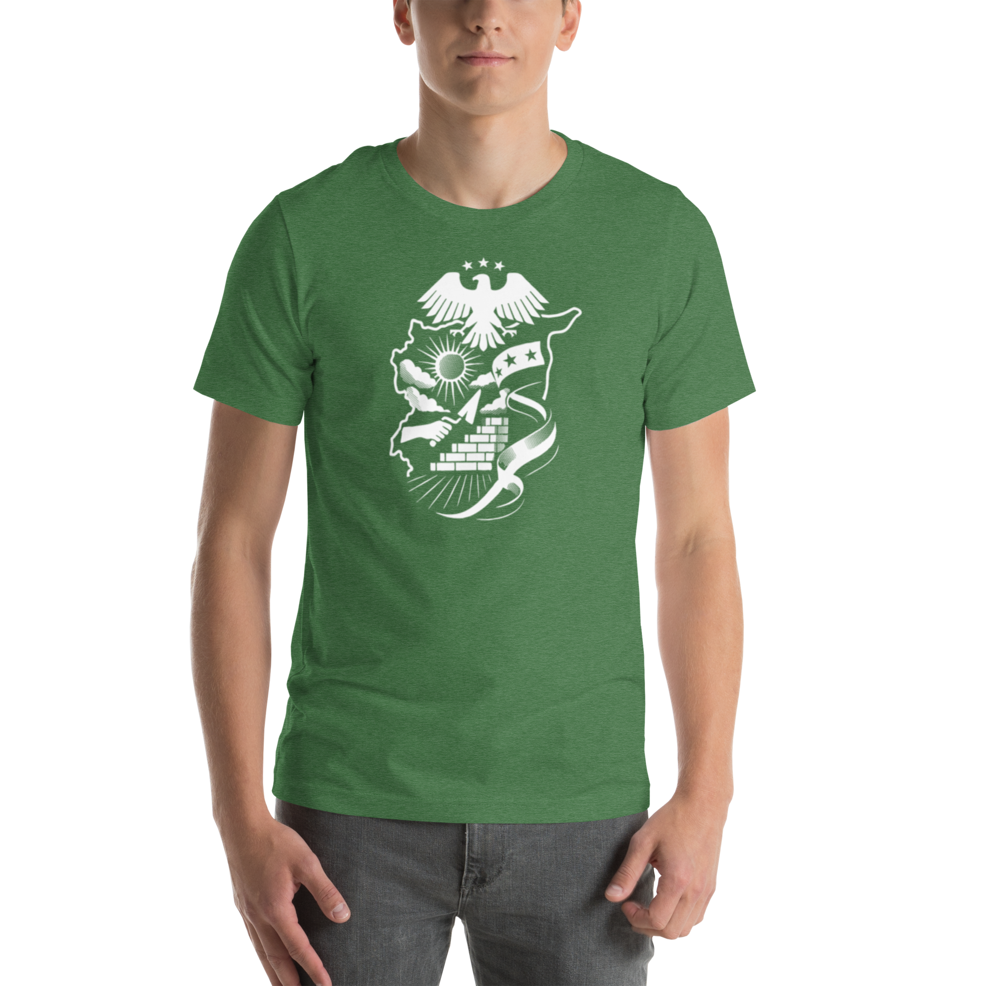 Mockup of a unisex graphic T-shirt featuring a detailed monochrome Syria-inspired patriotic illustration with an eagle and map design.