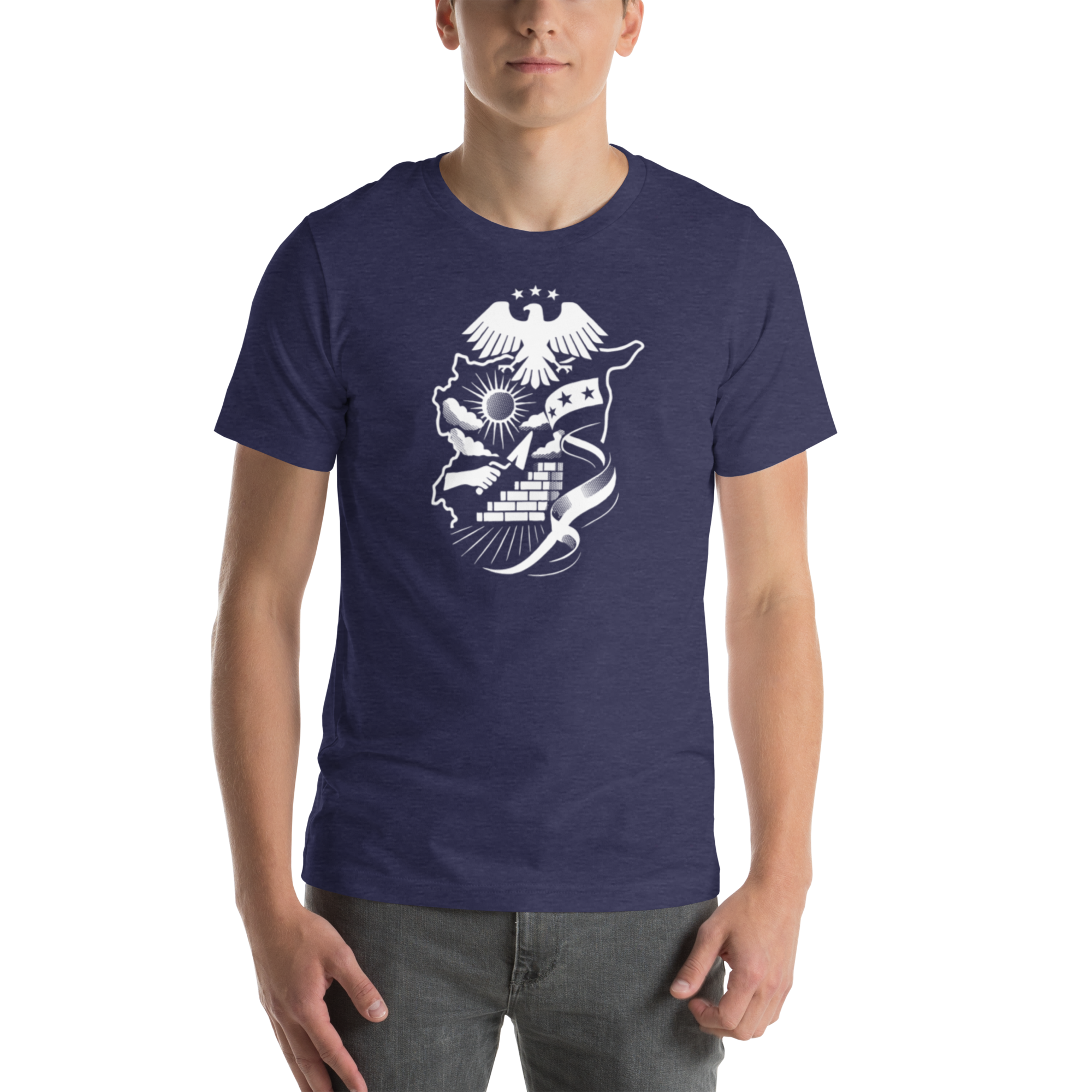 Mockup of a unisex graphic T-shirt featuring a detailed monochrome Syria-inspired patriotic illustration with an eagle and map design.