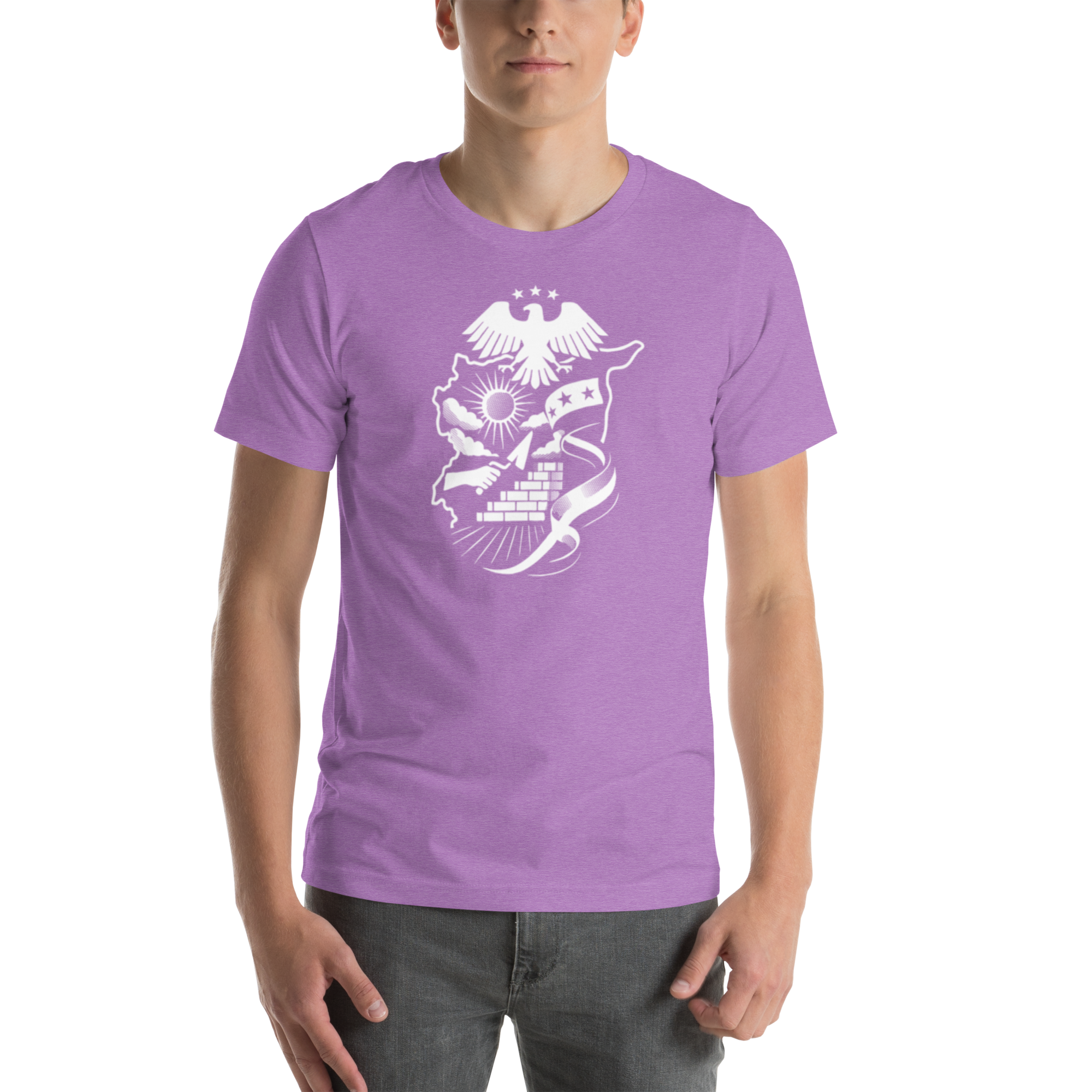 Mockup of a unisex graphic T-shirt featuring a detailed monochrome Syria-inspired patriotic illustration with an eagle and map design.