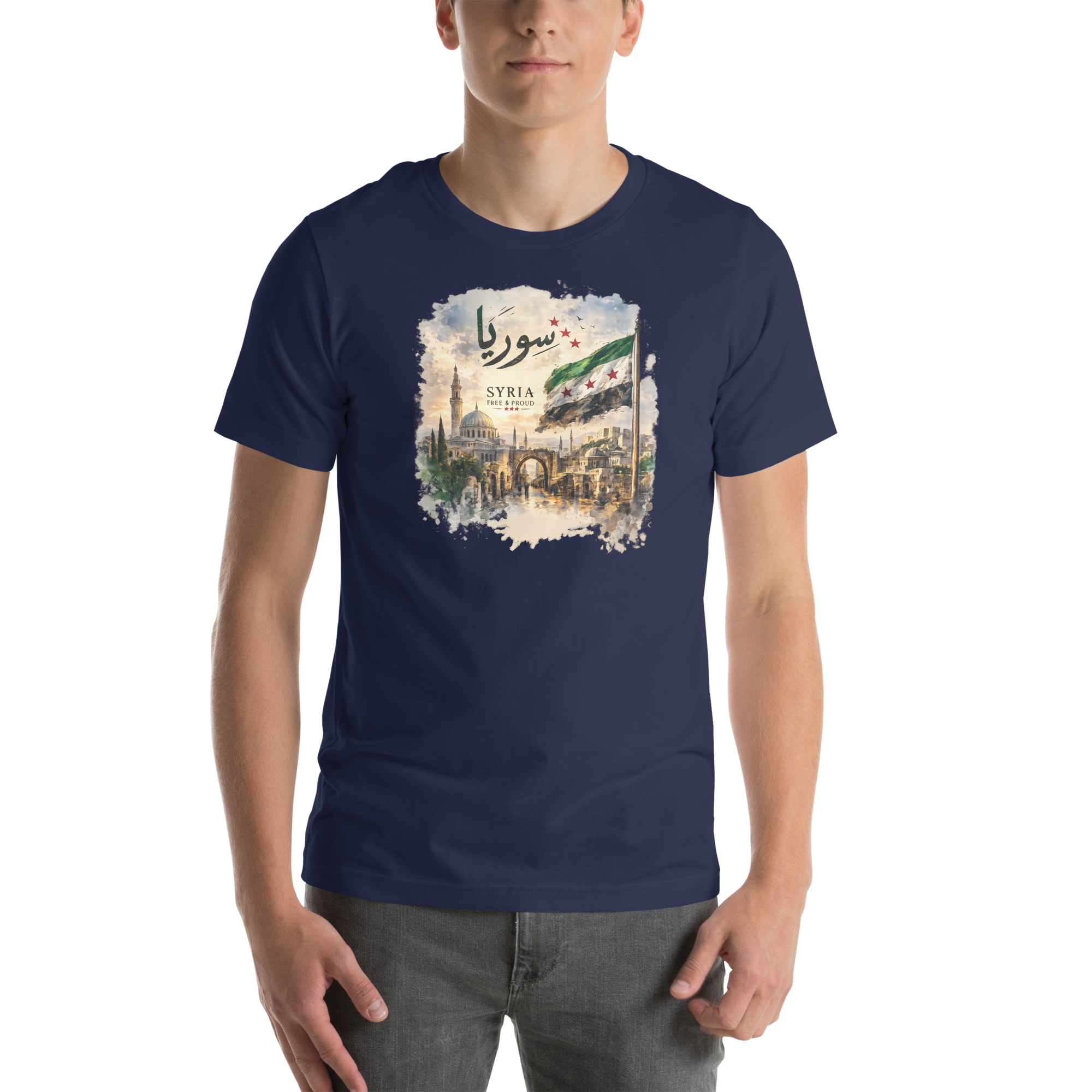 Mockup of a unisex graphic T-shirt featuring a vintage-style Syria-inspired artwork with Arabic calligraphy, historic architecture, scenic landscape, and the Syrian flag.