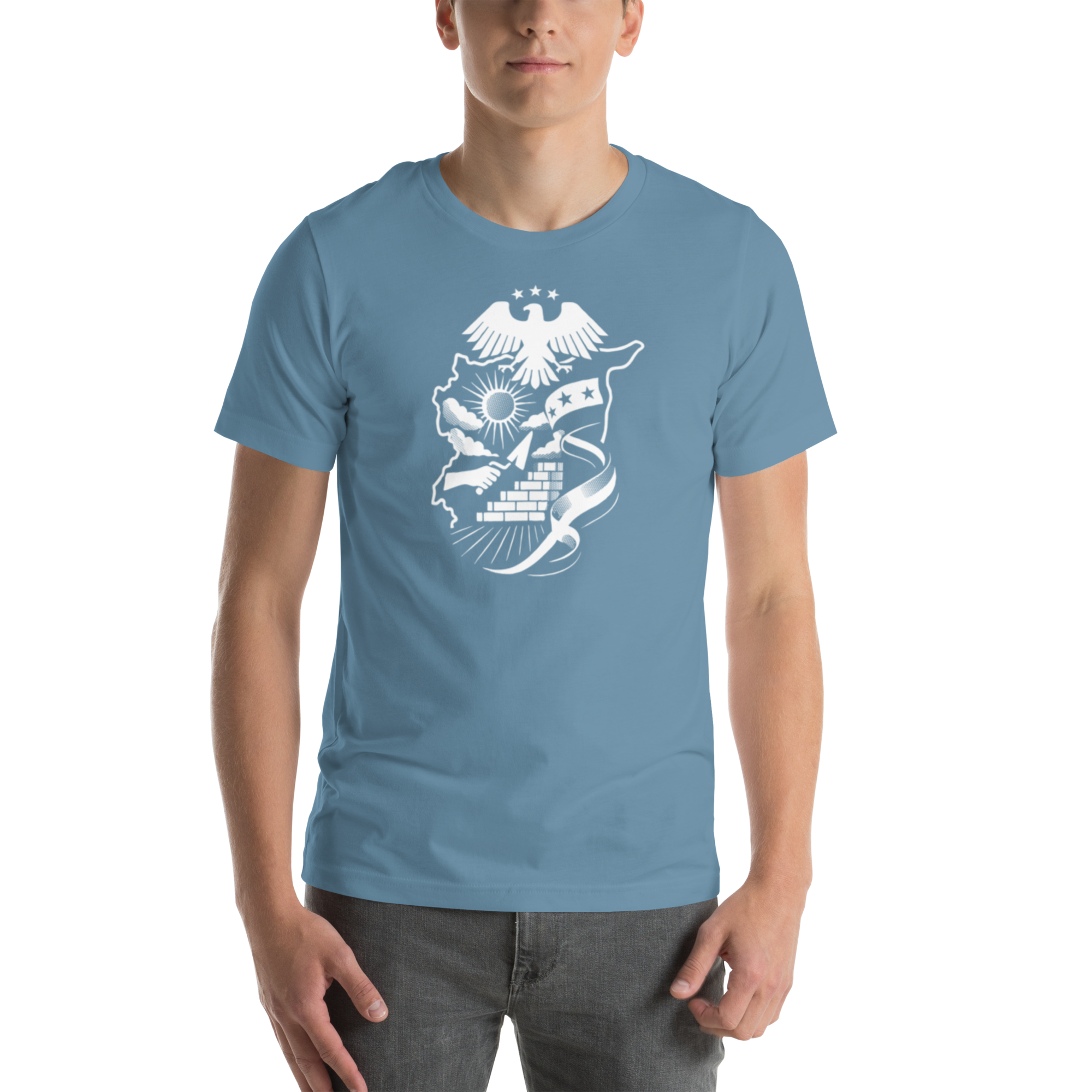 Mockup of a unisex graphic T-shirt featuring a detailed monochrome Syria-inspired patriotic illustration with an eagle and map design.