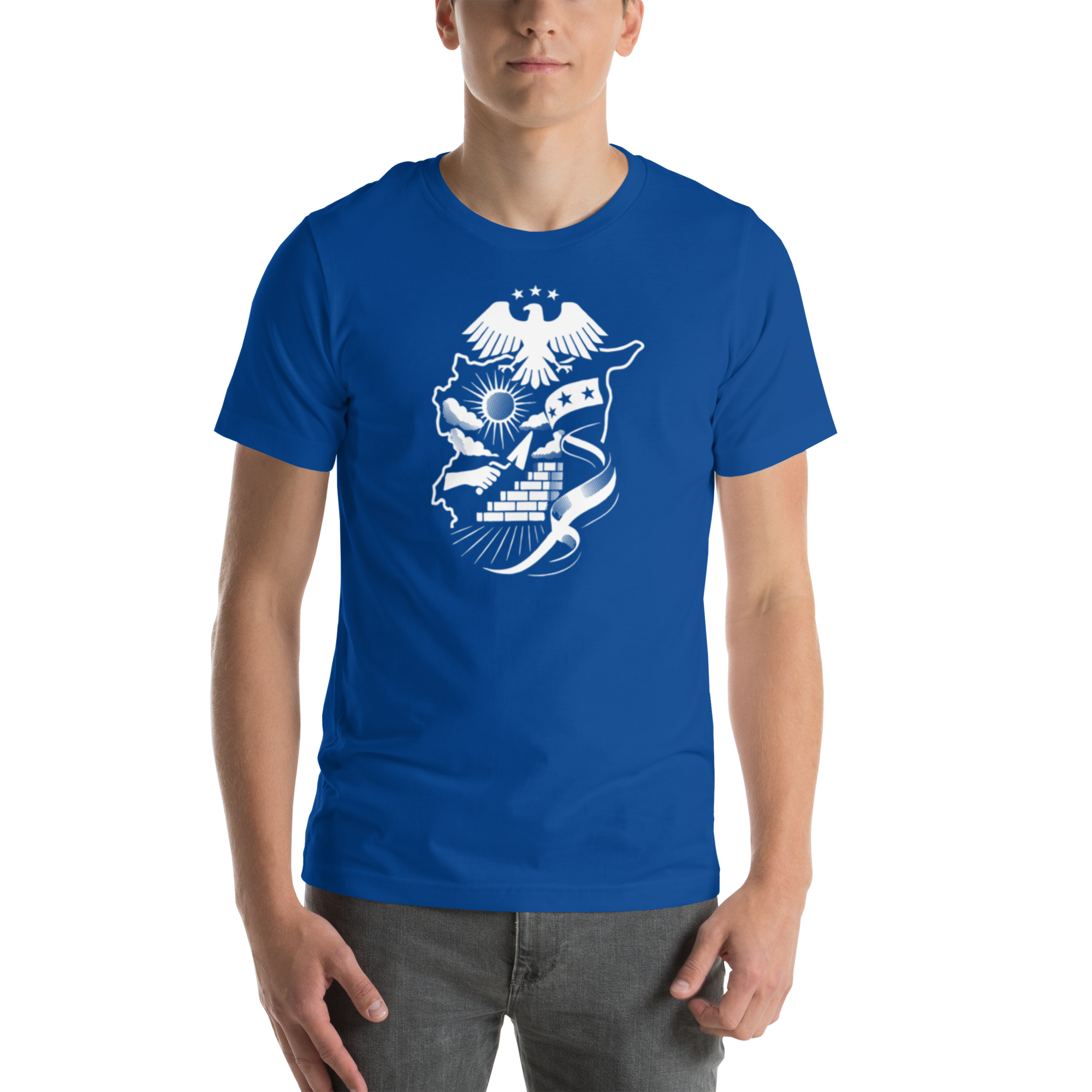 Mockup of a unisex graphic T-shirt featuring a detailed monochrome Syria-inspired patriotic illustration with an eagle and map design.