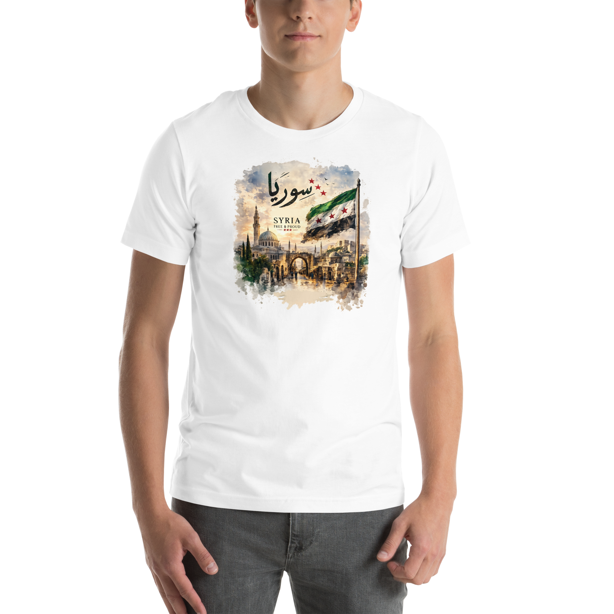 Mockup of a unisex graphic T-shirt featuring a vintage-style Syria-inspired artwork with Arabic calligraphy, historic architecture, scenic landscape, and the Syrian flag.
