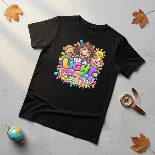 A black short-sleeve graphic T-shirt laid flat on a light gray surface, surrounded by autumn leaves, a small globe, and a compass. The shirt features a colorful cartoon animal illustration and the text 'BE A LIGHT SHINE IS ALWAYS HAPPENING' with smaller text below.