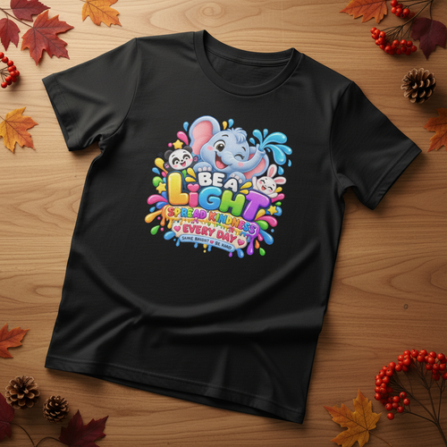 A black short-sleeve t-shirt laid flat on a wooden surface, decorated with autumn leaves, pinecones, and red berries. The shirt features a colorful cartoon graphic of a blue elephant, a yellow bee, and a white bunny surrounded by colorful text that reads 'BE A LIGHT' and 'FRIEND MATTERS EVERY DAY'.
