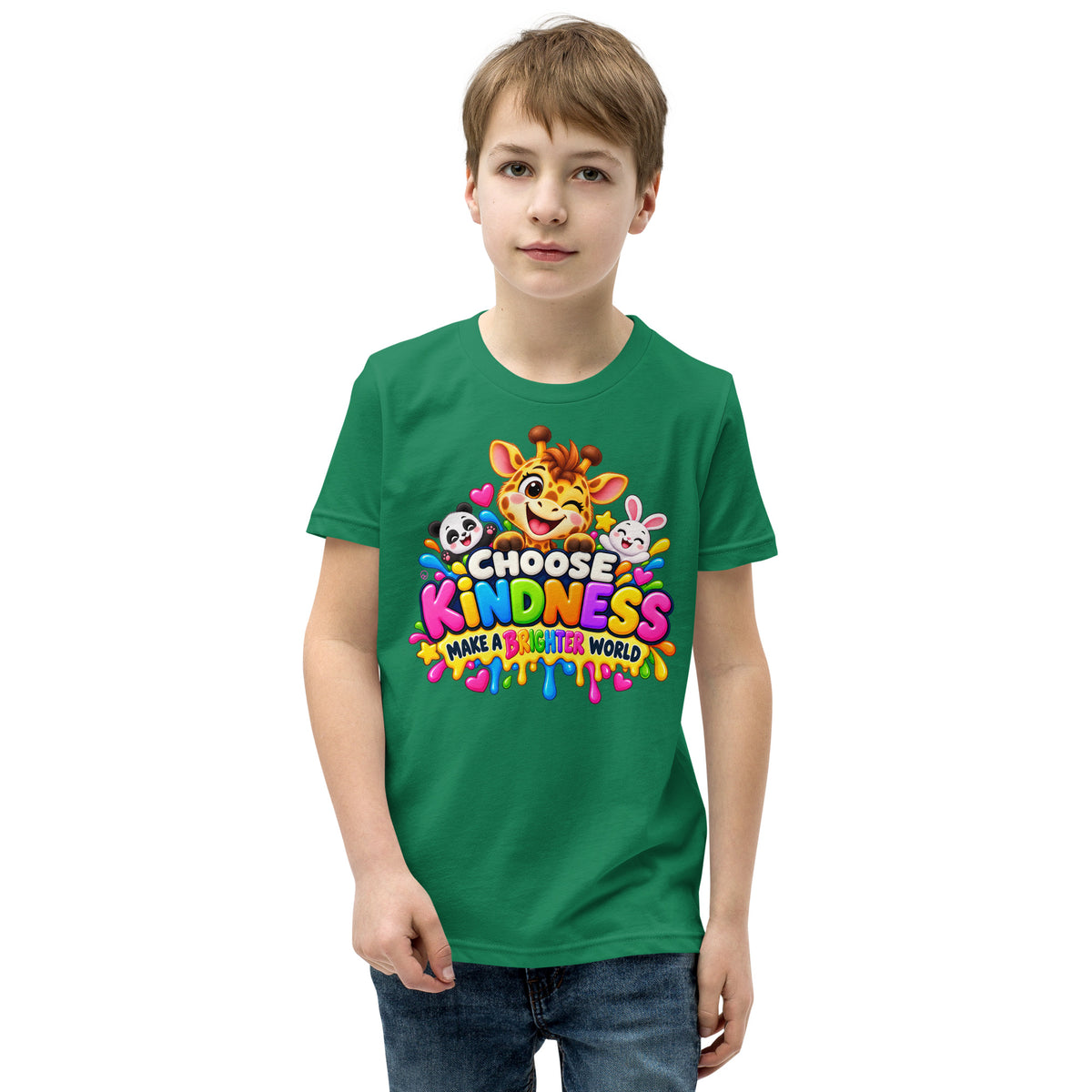 Young boy wearing a bright green-colored T-shirt featuring a cheerful giraffe, panda, and bunny with the message “CHOOSE KINDNESS” and “MAKE A BRIGHTER WORLD.”