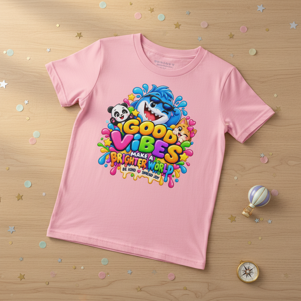 A pink short-sleeve kids' t-shirt with a colorful 'Good Vibes Make a Brighter World' cartoon graphic, laid flat on a light wood background with decorative confetti and small props.