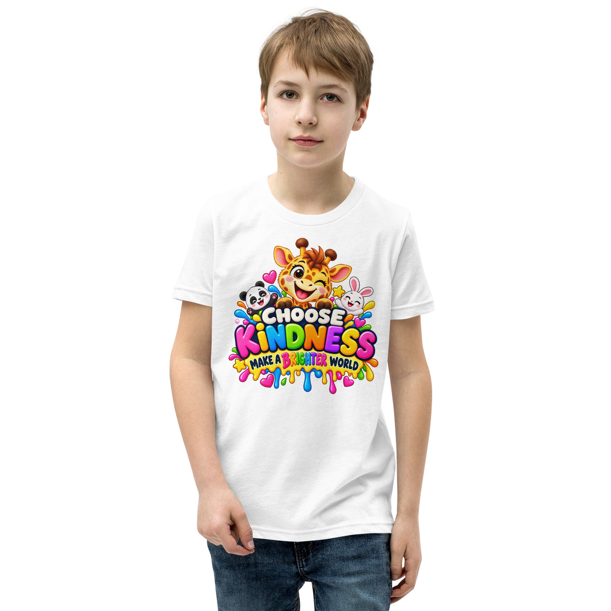 Young boy wearing a bright white-colored T-shirt featuring a cheerful giraffe, panda, and bunny with the message “CHOOSE KINDNESS” and “MAKE A BRIGHTER WORLD.”